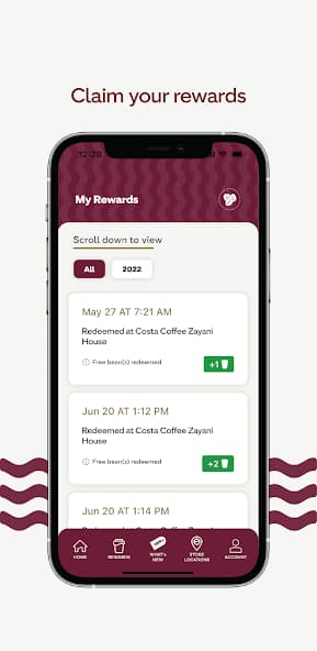 Costa Coffee Club BH rewards history screen