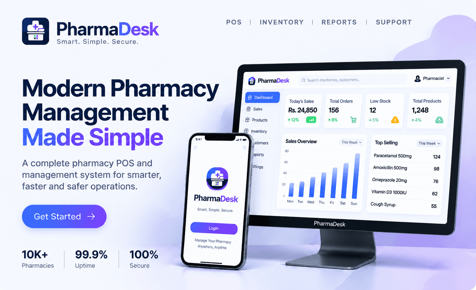 PharmaDesk dashboard on a monitor with the mobile app beside it